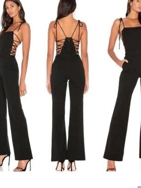 Haute Hippie Black Lace-Up Back Flare Leg Jumpsuit Size 4